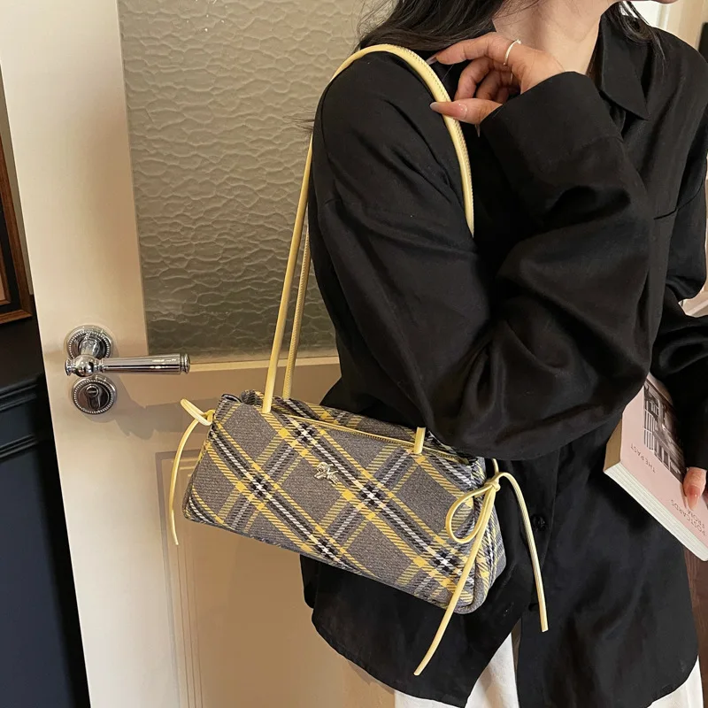 Luxury Bags Affordable - 2026 Microfiber Striped Plaid Zipper Bow